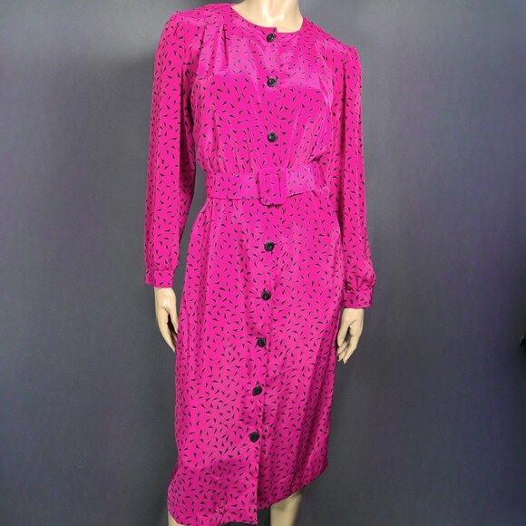 Vintage 80s Belted Secretary Dress womens Size M Purple Abstract Print New Wave - Picture 1 of 15